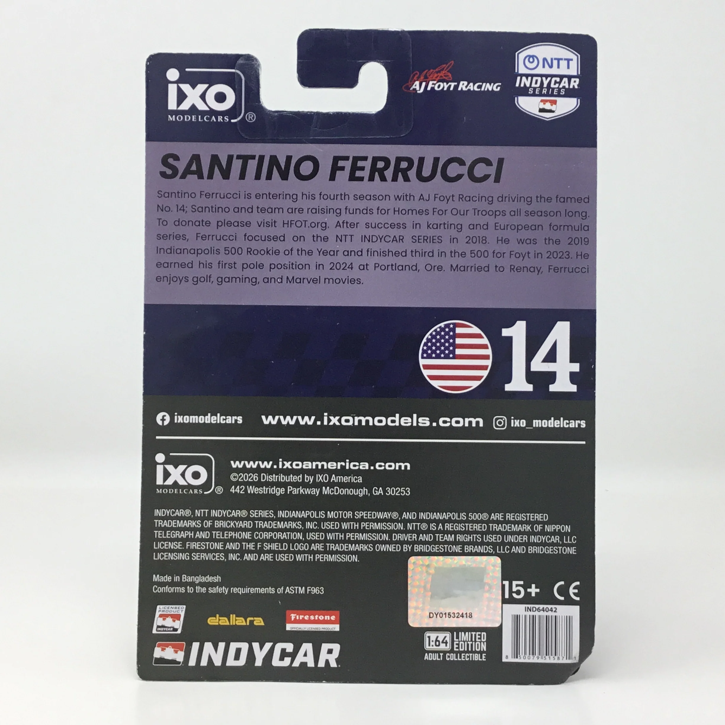 Santino Ferrucci 2026 Homes For Our Troops / AJ Foyt Racing 1:64 Diecast - Image 2